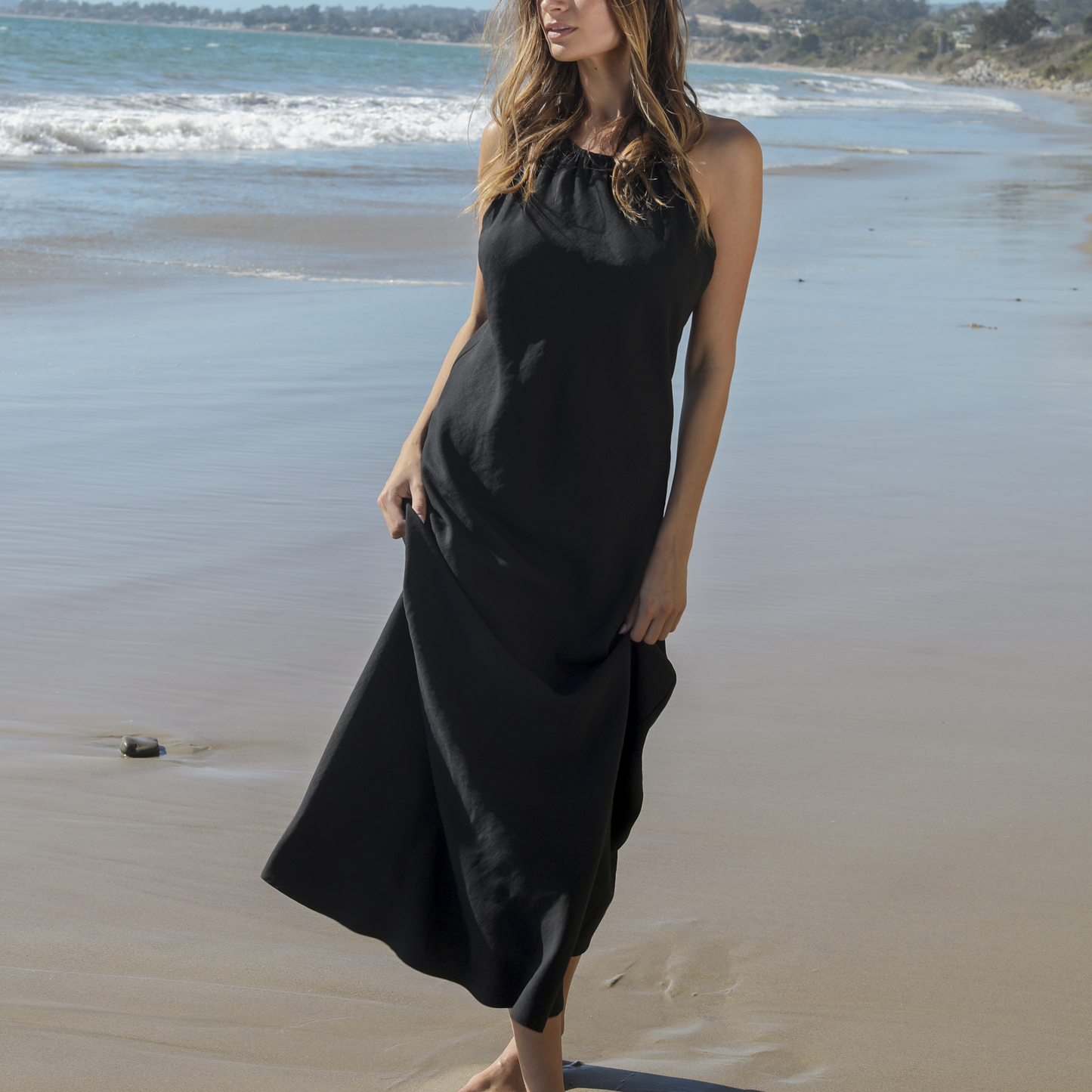 halter maxi beach dress Berlook Linen-Look Tie-Front Smocked Halter Maxi Dress, Light Green / L