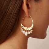 Crescent White Pearl + Gold Hoop Earrings