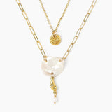 White Pearl Layered Gold Necklace