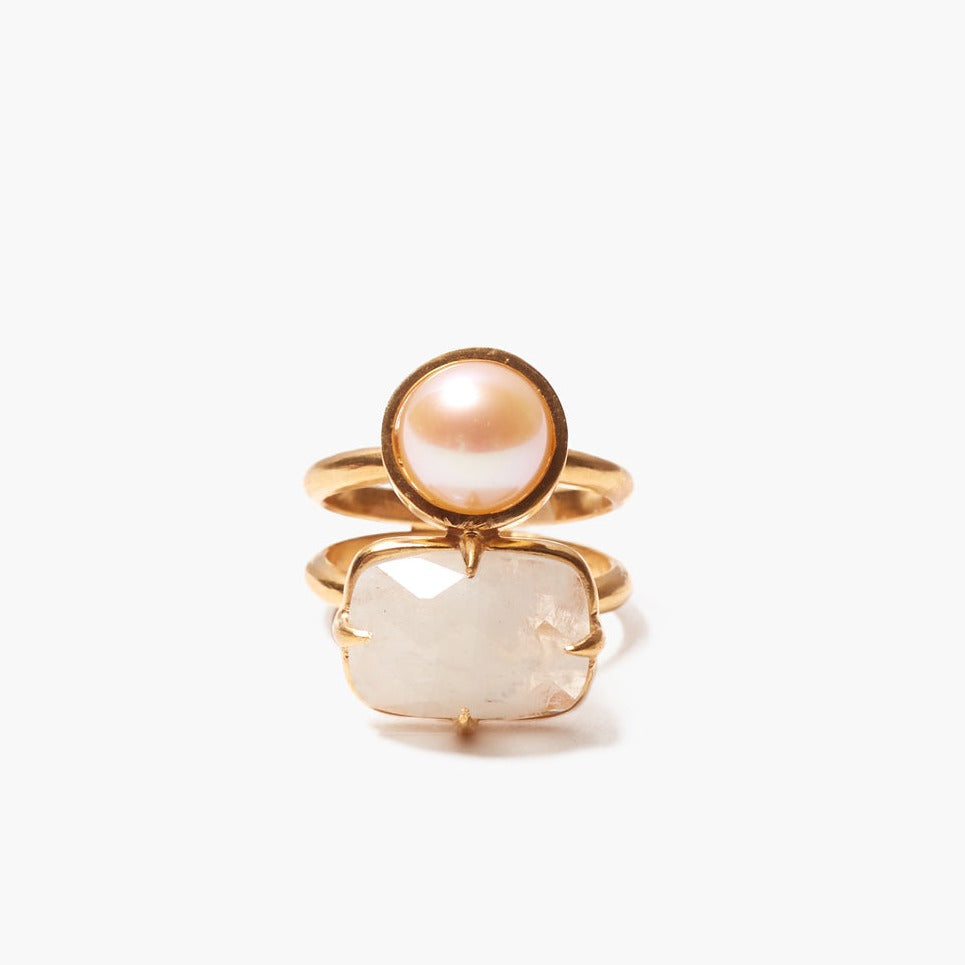 Pink Pearl + Moonstone Double Band Ring