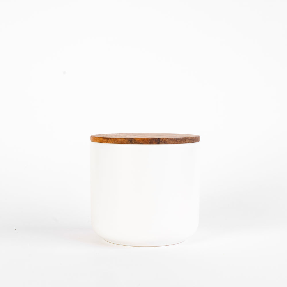 White Stoneware Container with Acacia Lid